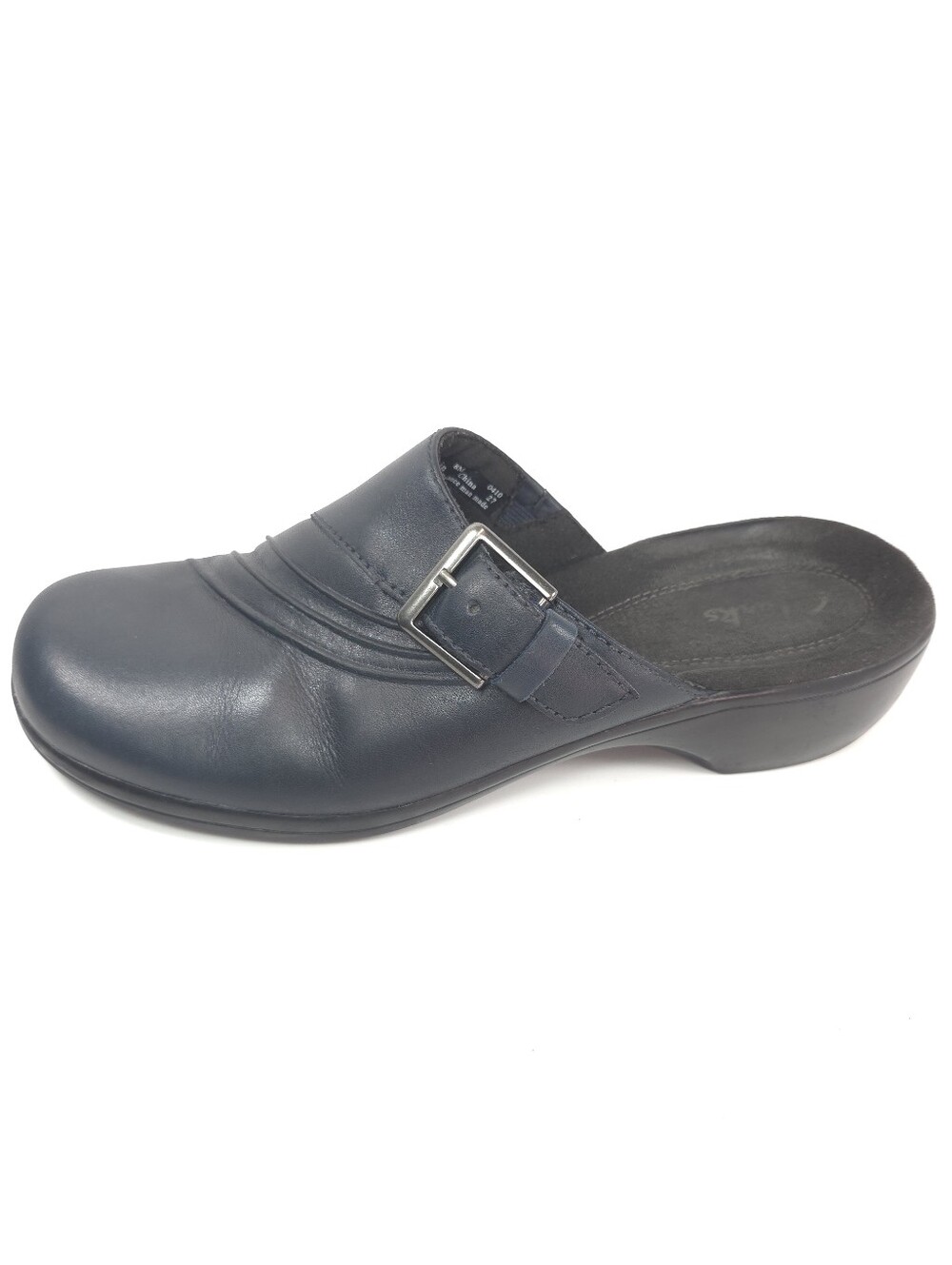 Clarks Prairie Aster Navy Leather Comfort Slip‑On Clogs w/ Buckle Strap Sz 8